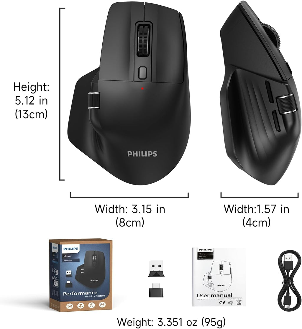Ergonomic wireless mouse. Supports multi-device Bluetooth connectivity (compatible with USB-A/C ports).
