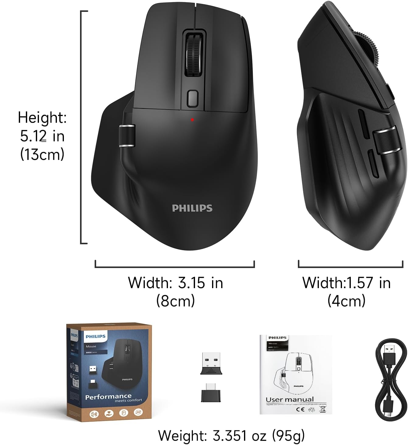 Ergonomic wireless mouse. Supports multi-device Bluetooth connectivity (compatible with USB-A/C ports).