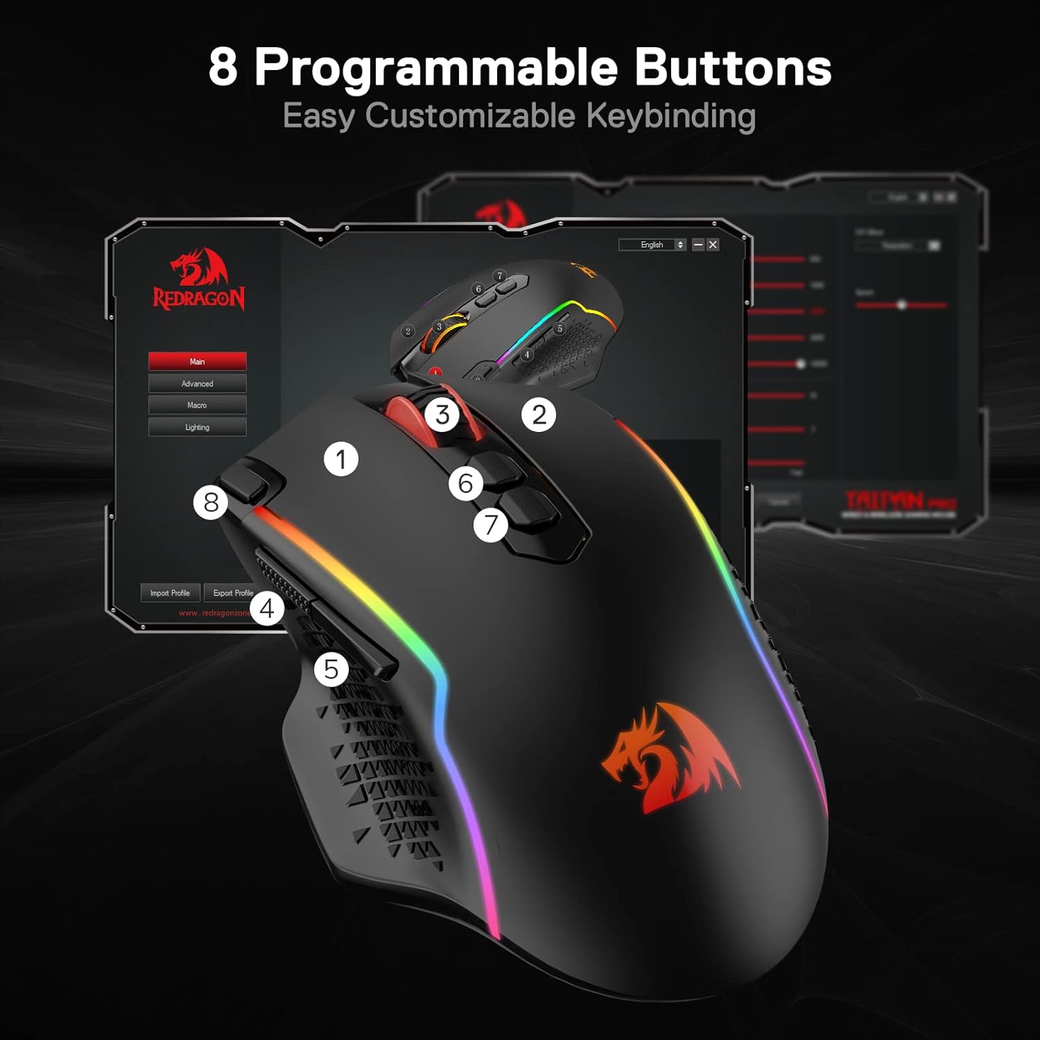 The wireless gaming mouse supports dual-mode wired/wireless connectivity and features 10,000 DPI and a "Fire" button.
