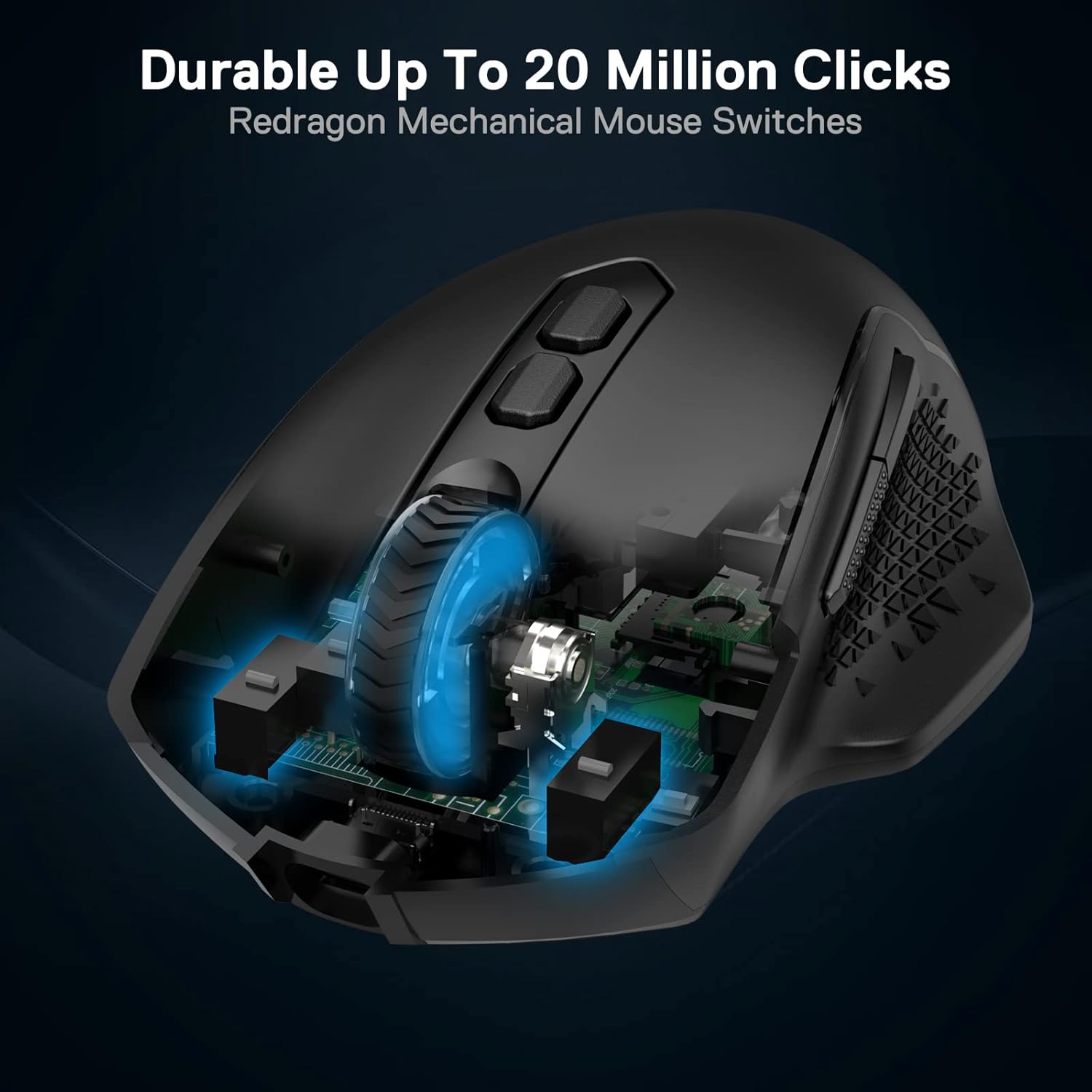 The wireless gaming mouse supports dual-mode wired/wireless connectivity and features 10,000 DPI and a "Fire" button.
