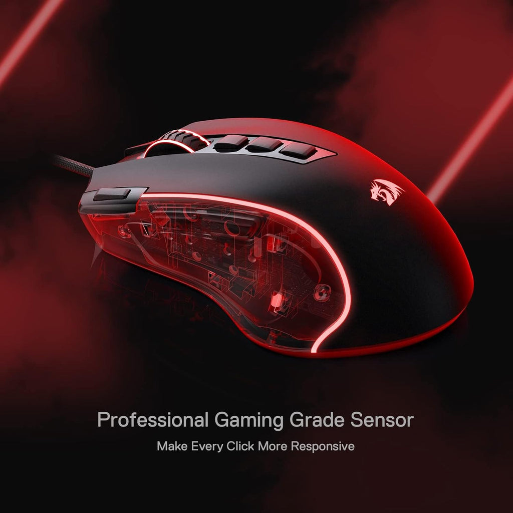 Gaming mouse. 8000 DPI wired optical mouse featuring 11 programmable buttons and 5 backlight modes.