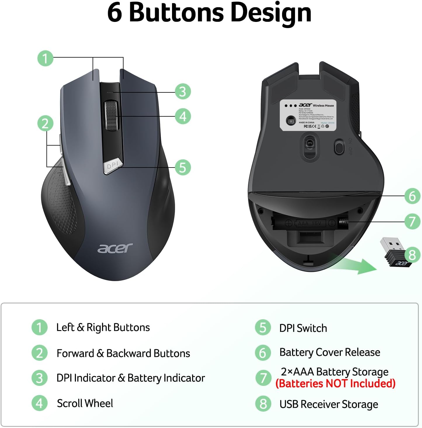 Wireless mouse for laptops—2.4GHz wireless mouse featuring 3-level DPI adjustment and a USB-A receiver.