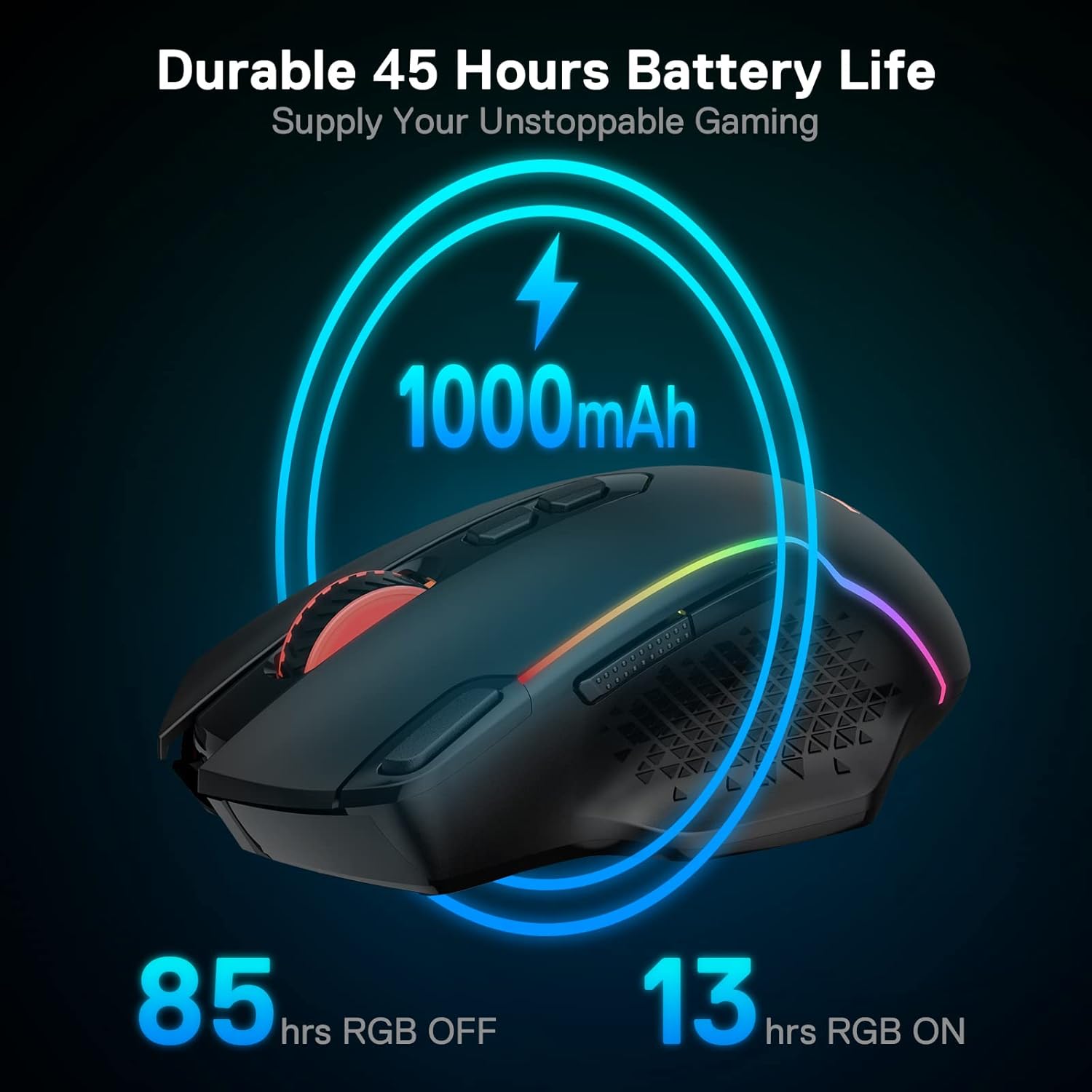 The wireless gaming mouse supports dual-mode wired/wireless connectivity and features 10,000 DPI and a "Fire" button.