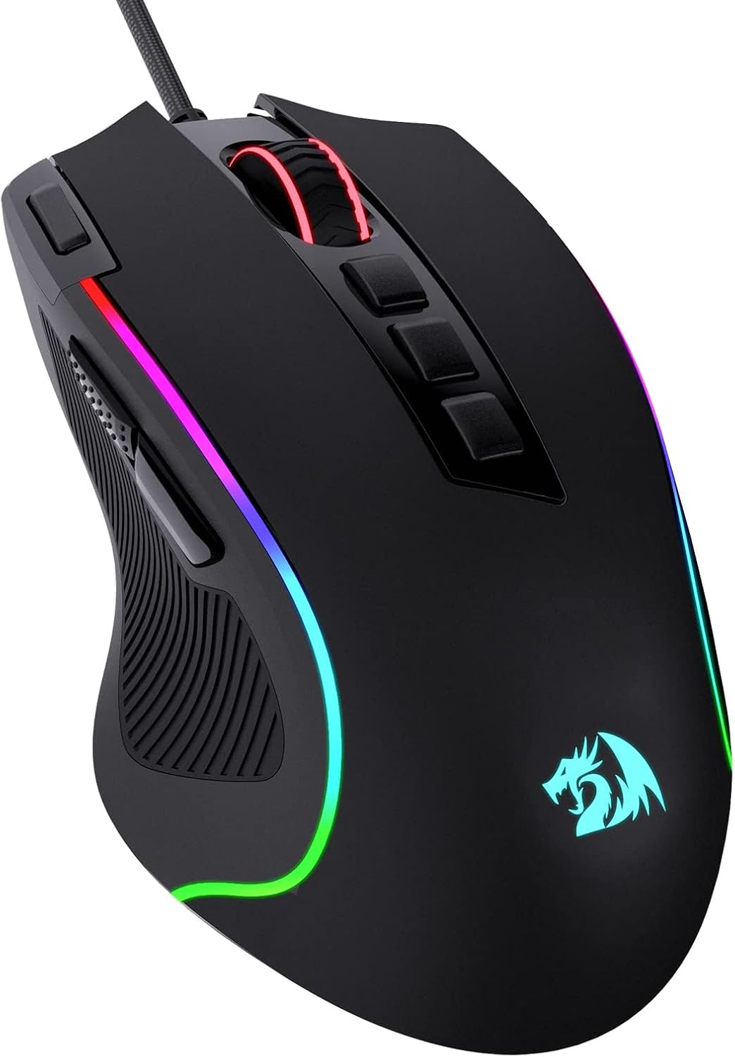 Gaming mouse. 8000 DPI wired optical mouse featuring 11 programmable buttons and 5 backlight modes.