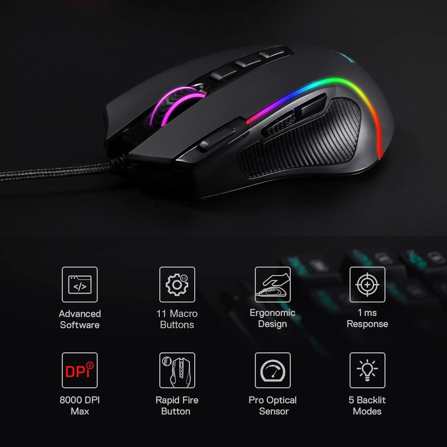 Gaming mouse. 8000 DPI wired optical mouse featuring 11 programmable buttons and 5 backlight modes.