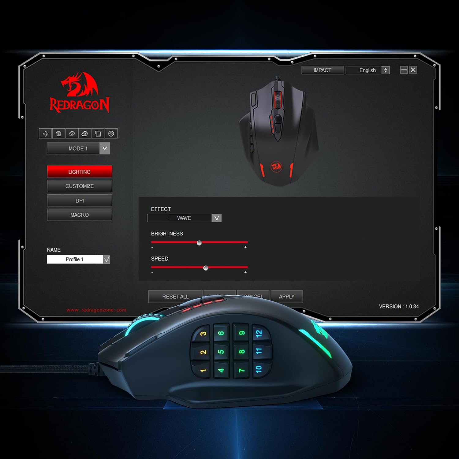 Gaming mouse equipped with 12 side buttons.