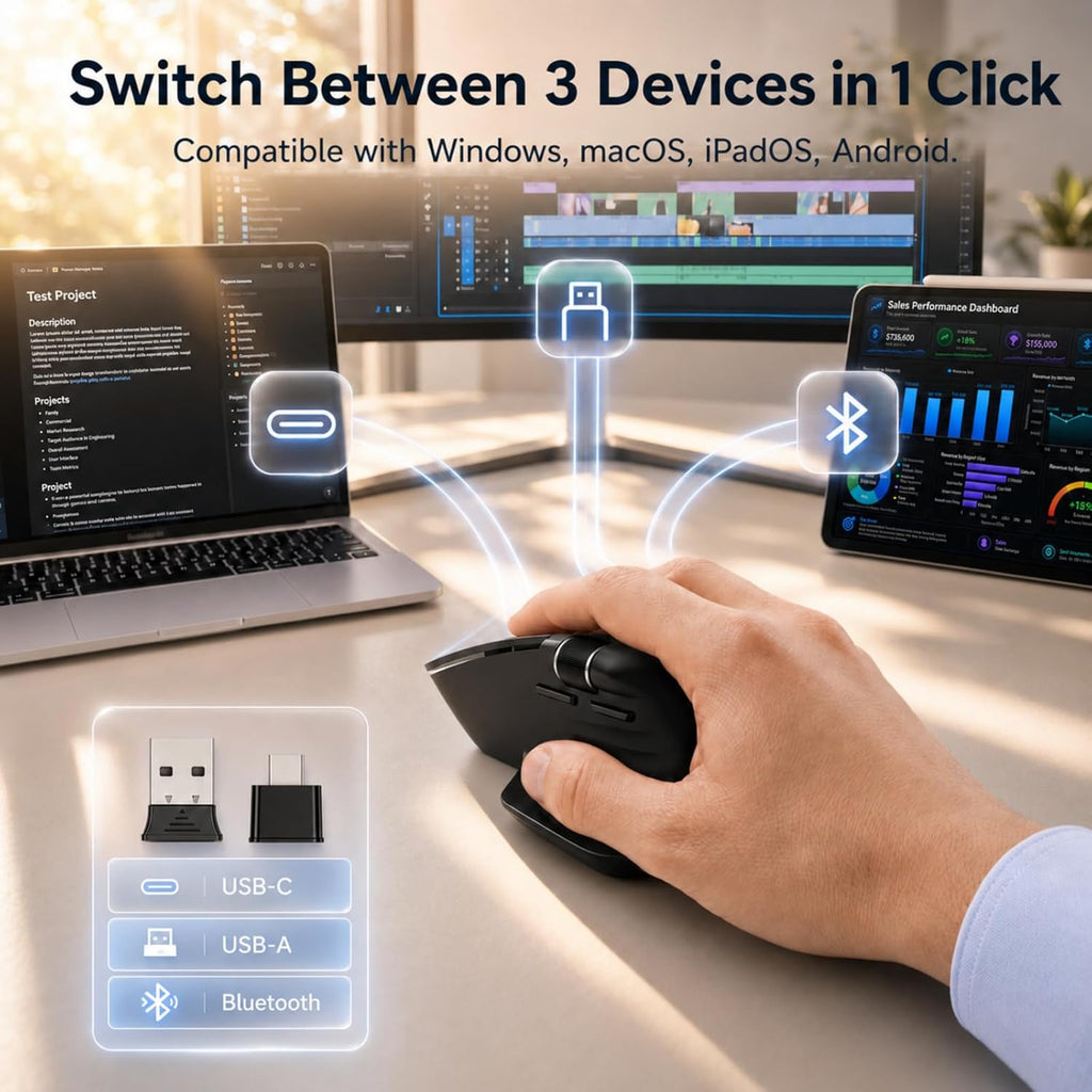 Ergonomic wireless mouse. Supports multi-device Bluetooth connectivity (compatible with USB-A/C ports).