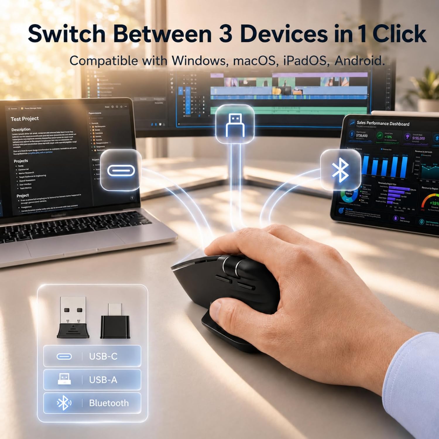 Ergonomic wireless mouse. Supports multi-device Bluetooth connectivity (compatible with USB-A/C ports).