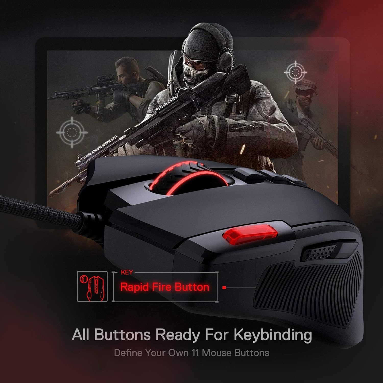 Gaming mouse. 8000 DPI wired optical mouse featuring 11 programmable buttons and 5 backlight modes.