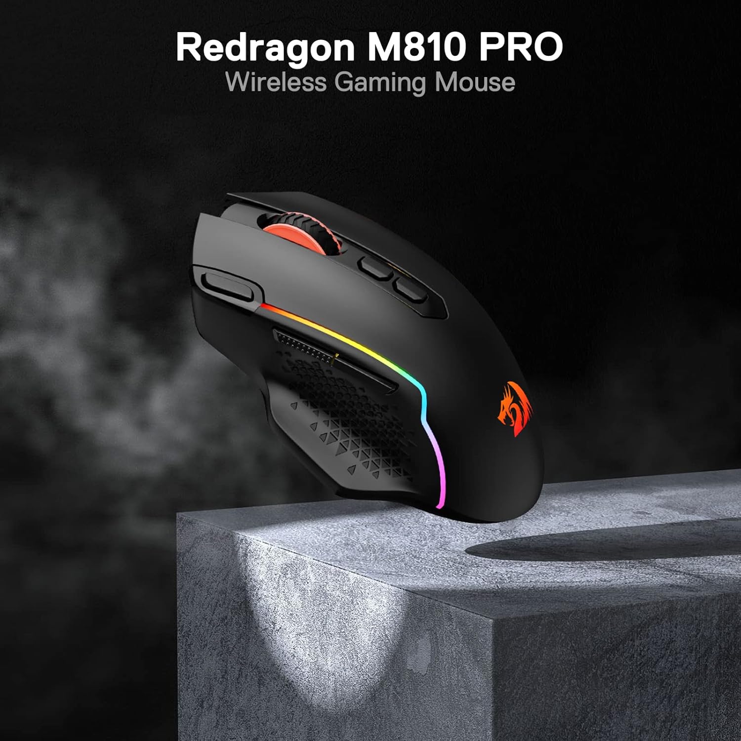 The wireless gaming mouse supports dual-mode wired/wireless connectivity and features 10,000 DPI and a "Fire" button.