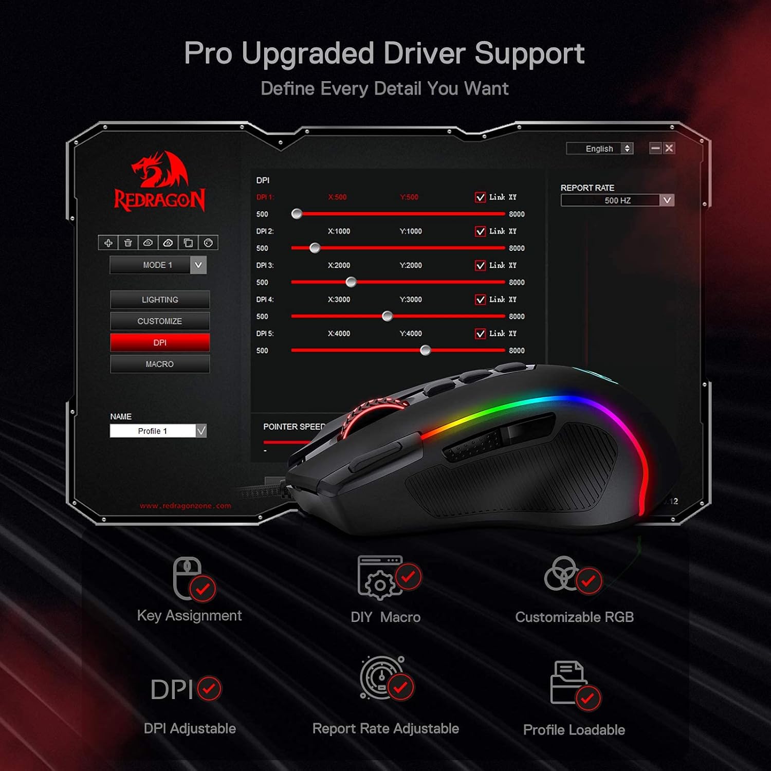 Gaming mouse. 8000 DPI wired optical mouse featuring 11 programmable buttons and 5 backlight modes.