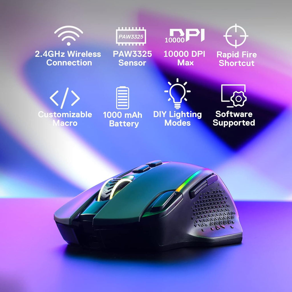 The wireless gaming mouse supports dual-mode wired/wireless connectivity and features 10,000 DPI and a "Fire" button.