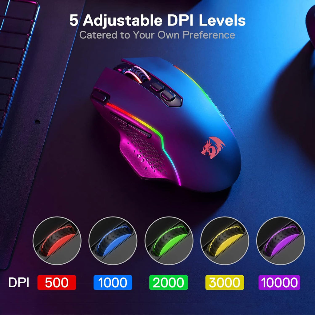 The wireless gaming mouse supports dual-mode wired/wireless connectivity and features 10,000 DPI and a "Fire" button.