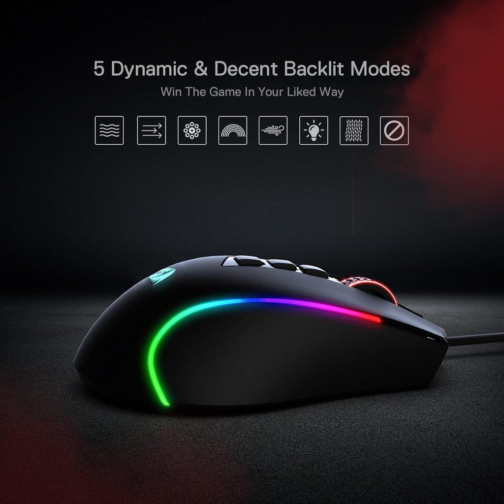 Gaming mouse. 8000 DPI wired optical mouse featuring 11 programmable buttons and 5 backlight modes.