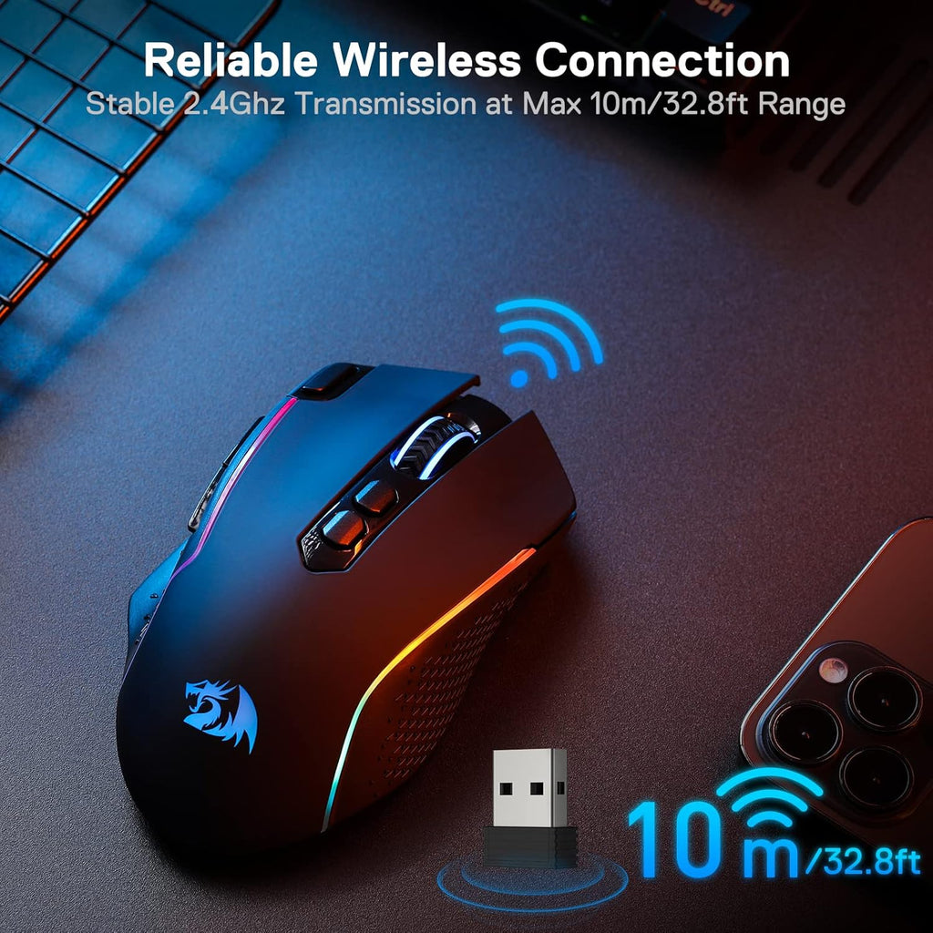 The wireless gaming mouse supports dual-mode wired/wireless connectivity and features 10,000 DPI and a "Fire" button.