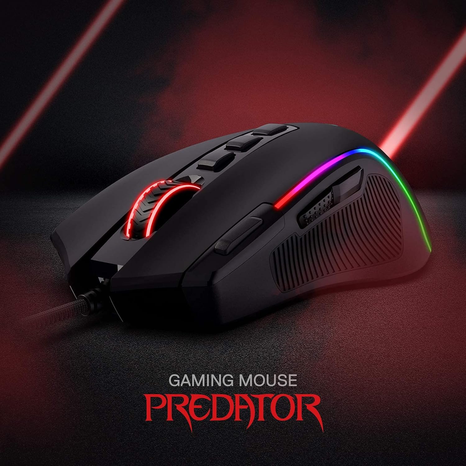 Gaming mouse. 8000 DPI wired optical mouse featuring 11 programmable buttons and 5 backlight modes.